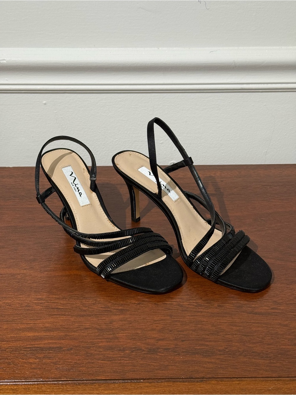 Nina Black Strappy Slingback Stiletto Heels Size 8